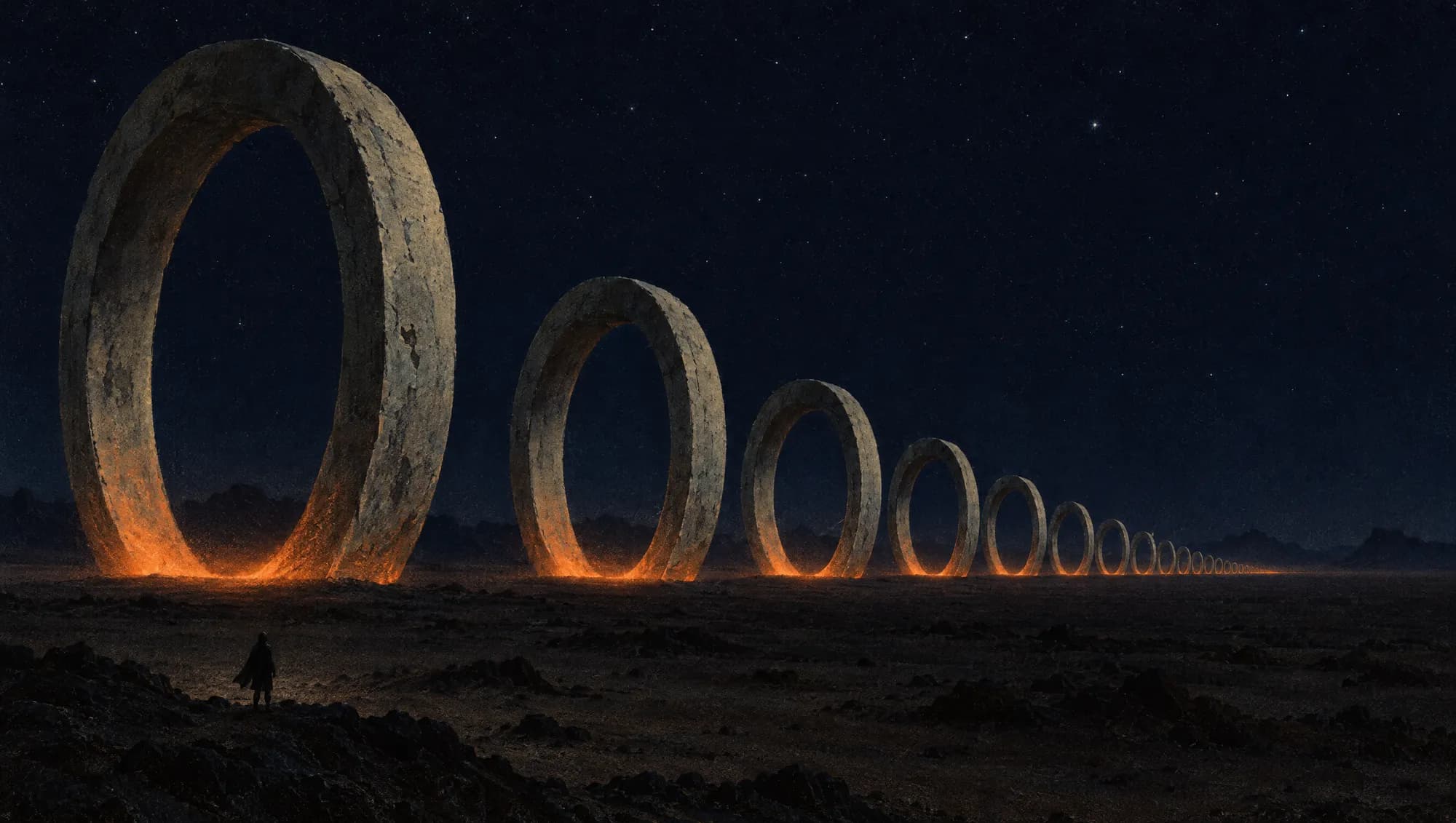 A line of colossal stone rings receding across a dark desert, each glowing at its base